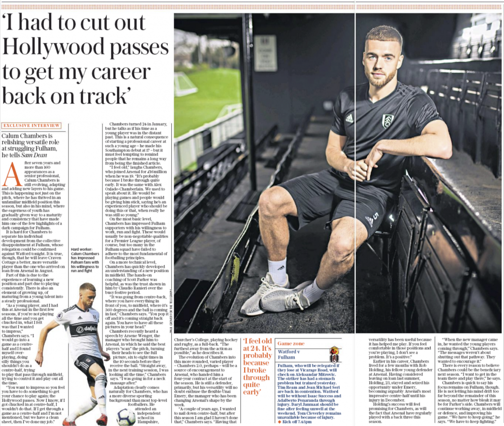Calum Chambers admits he changed his game after recent Arsene Wenger speech 3 The Daily Telegraph / 2nd April 2019