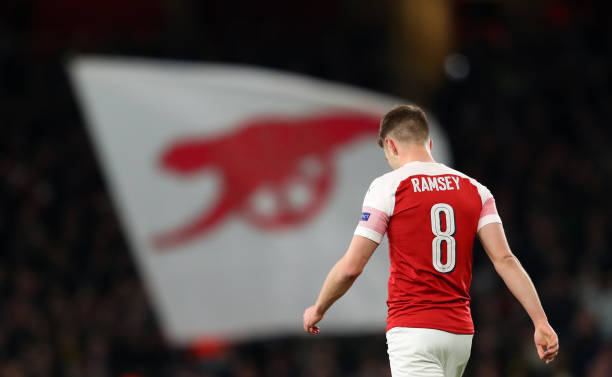 LONDON, ENGLAND - APRIL 11: Aaron Ramsey of Arsenal during the UEFA Europa League Quarter Final First Leg match between Arsenal and S.S.C. Napoli a...