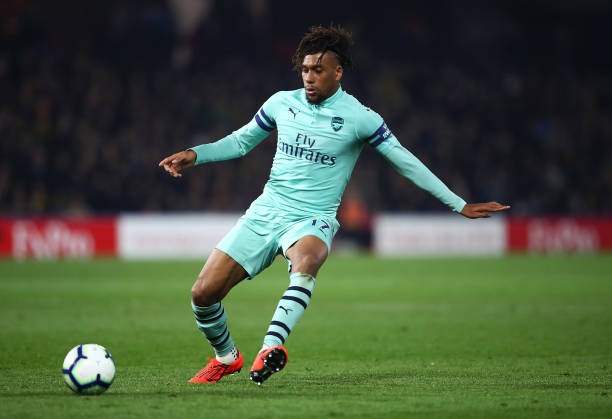 WATFORD, ENGLAND - APRIL 15: Alex Iwobi of Arsenal in action during the Premier League match between Watford FC and Arsenal FC at Vicarage Road on ...