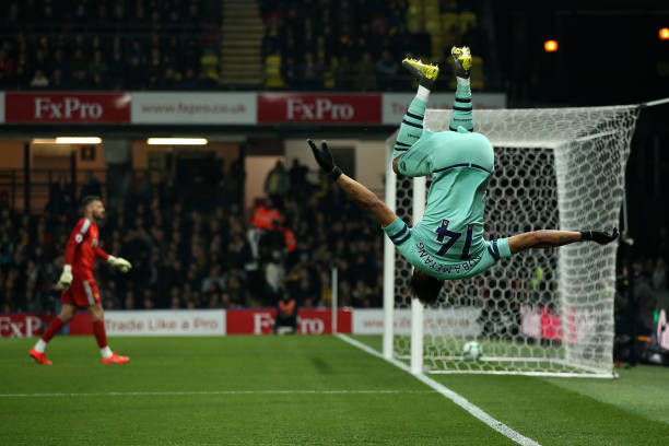 Arsenal need to find home comforts on the road 2 WATFORD, ENGLAND - APRIL 15: Pierre-Emerick Aubameyang of Arsenal celebrates scoring his side's first goal during the Premier League match between Watford FC and Arsenal FC at Vicarage Road on April 15, 2019 in Watford, United Kingdom. (Photo by Marc Atkins/Getty Images)