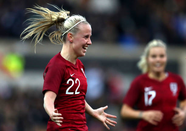 SWINDON, ENGLAND - APRIL 09: Beth Mead of England celebrates her sides first goal during the International Friendly between England Women and Spain...