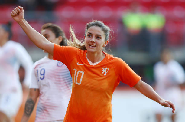 ALKMAAR, NETHERLANDS - APRIL 09: Danielle van de Donk of the Netherlands (10) celebrates after scoring her team's fourth goal during the Internatio...