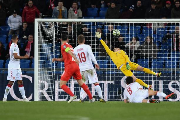 Good news for Arsenal ahead of Everton match 3 Denmark's goalkeeper Kasper Schmeichel concedes a goal scored by Switzerland's midfielder Granit Xhaka (2nd L) during the UEFA Euro 2020 Group D qualification football match between Switzerland and Denmark at the St Jakob Park stadium in Basel on March 26, 2019. (Photo by Fabrice COFFRINI / AFP)