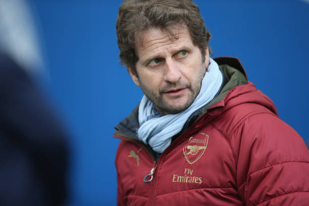 BRIGHTON, ENGLAND - APRIL 28: Joe Montemurro, the manager of Arsenal Women looks on prior to the WSL match between Brighton and Hove Albion Women a...