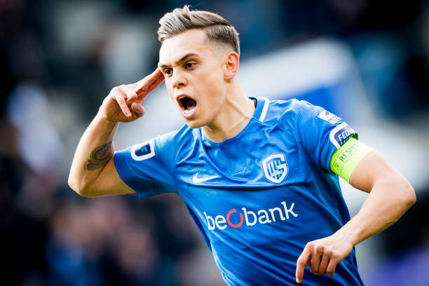 Genk's Leandro Trossard celebrate after scoring during a soccer match between RC Genk and Club Brugge, Sunday 14 April 2019 in Genk, on day 4 (out ...