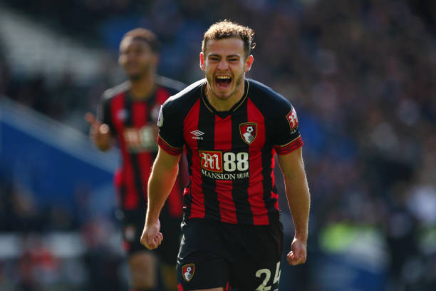 BRIGHTON, ENGLAND - APRIL 13: Ryan Fraser of AFC Bournemouth celebrates after scoring his team's second goal during the Premier League match betwee...