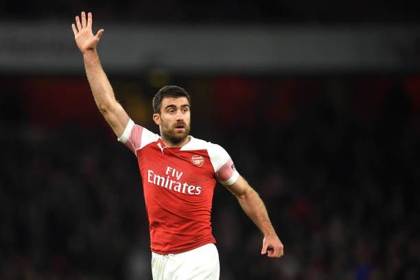 LONDON, ENGLAND - APRIL 01: Sokratis Papastathopoulos of Arsenal looks on during the Premier League match between Arsenal FC and Newcastle United a...