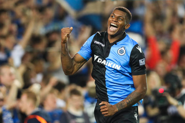 Club's Brazilian forward Wesley celebrates after scoring during the Jupiler Pro League play off match between Club Brugge and Sporting Charleroi on...