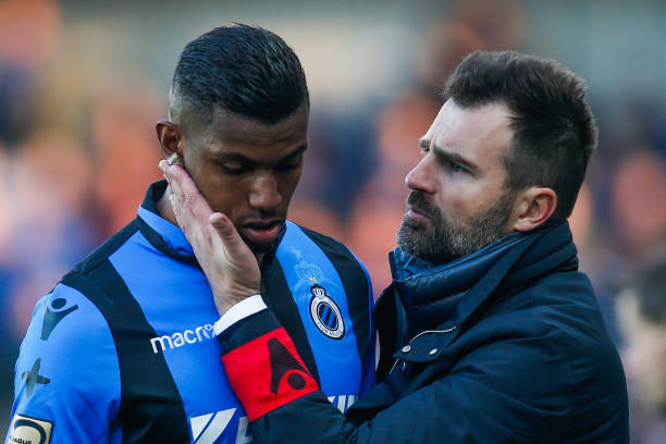 Club's Wesley Moraes and Club Brugge's head coach Ivan Leko pictured during a soccer match between Club Brugge and KAA Gent, Sunday 31 March 2019 i...