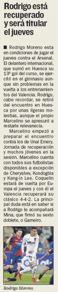 Valencia's Rodrigo set to recover from weekend injury to start against Arsenal 3 AS 7th May 2019