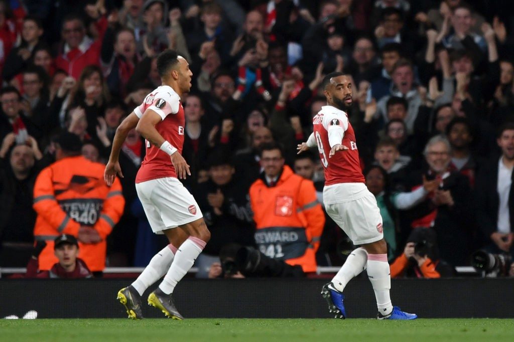 Player ratings vs Valencia: Arsenal achieve positive result despite early setback 4 LONDON, ENGLAND - MAY 02: Alexandre Lacazette of Arsenal (9) celebrates as he scores his team's first goal with Pierre-Emerick Aubameyang during the UEFA Europa League Semi Final First Leg match between Arsenal and Valencia at Emirates Stadium on May 02, 2019 in London, England. (Photo by Shaun Botterill/Getty Images)