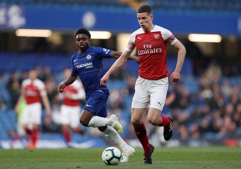 How is Charlie Gilmour getting on since he left Arsenal? 4 LONDON, ENGLAND - APRIL 15: Charlie Gilmour of Arsenal controls the ball as Tariq Lamptey of Chelsea looks on during the Premier League 2 match between Chelsea and Arsenal at Stamford Bridge on April 15, 2019 in London, England. (Photo by Naomi Baker/Getty Images)