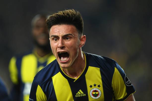 Fenerbahce's Macedonian midfielder Eljif Elmas celebrates after scoring a goal during the Turkish Super league football match between Fenerbahce an...
