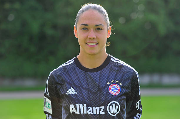 ASCHHEIM, GERMANY - AUGUST 12: Manuela Zinsberger poses during the team presentation of the FC Bayern Muenchen Women's team at Sportpark Aschheim o...