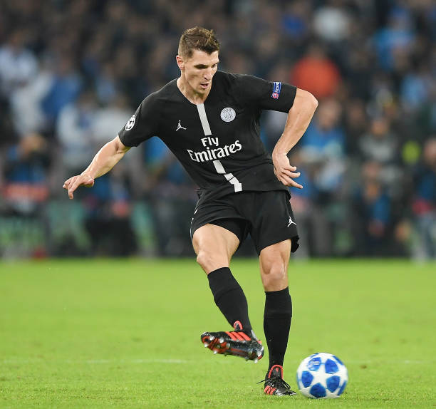 NAPLES, ITALY - NOVEMBER 06: Thomas Meunier of Paris Saint-Germain in action during the Group C match of the UEFA Champions League between SSC Napo...