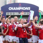 BOREHAMWOOD, ENGLAND - MAY 11: Jordan Nobbs and Kim Little of Arsenal lift the trophy as they celebrate after during the WSL match between Arsenal Women and Manchester City at Meadow Park on May 11, 2019 in Borehamwood, England. (Photo by Catherine Ivill/Getty Images)