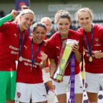 BOREHAMWOOD, ENGLAND - MAY 11: Sari Van Veenendaal, Danielle Van de Donk, Dominique Bloodworth and Vivianne Miedema of Arsenal celebrate with the trophy after the WSL match between Arsenal Women and Manchester City at Meadow Park on May 11, 2019 in Borehamwood, England. (Photo by Catherine Ivill/Getty Images)