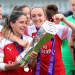 BOREHAMWOOD, ENGLAND - MAY 11: Danielle Van de Donk and Lisa Evans of Arsenal celebrate with the trophy after the WSL match between Arsenal Women and Manchester City at Meadow Park on May 11, 2019 in Borehamwood, England. (Photo by Catherine Ivill/Getty Images)