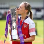 BOREHAMWOOD, ENGLAND - MAY 11: Jordan Nobbs of Arsenal celebrates with the Women's Super League trophy after the WSL match between Arsenal Women and Manchester City Women at Meadow Park on May 11, 2019 in Borehamwood, England. (Photo by Catherine Ivill/Getty Images)