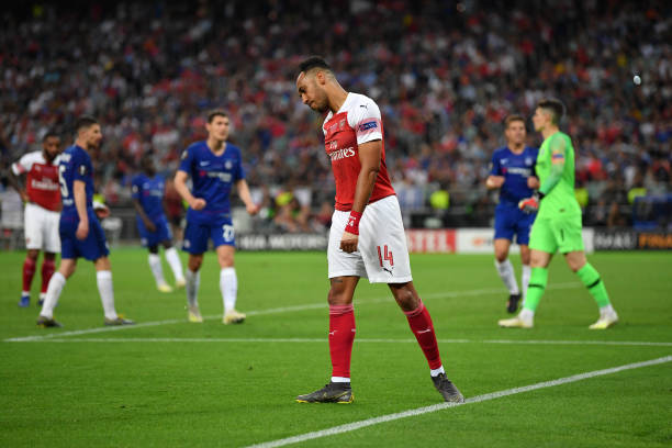 BAKU, AZERBAIJAN - MAY 29: Pierre-Emerick Aubameyang of Arsenal looks dejected during the UEFA Europa League Final between Chelsea and Arsenal at B...
