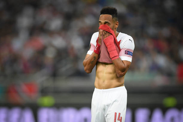 BAKU, AZERBAIJAN - MAY 29: Pierre-Emerick Aubameyang of Arsenal reacts during the UEFA Europa League Final between Chelsea and Arsenal at Baku Olimpiya Stadionu on May 29, 2019 in Baku, Azerbaijan. (Photo by Michael Regan/Getty Images)