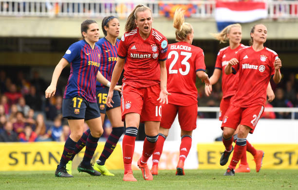 BARCELONA, SPAIN - APRIL 28: Jill Roord of Bayern Munich reacts during the UEFA Women's Champions League Semi Final second leg match between Barcel...