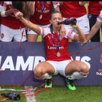 BOREHAMWOOD, ENGLAND - MAY 11: Katie McCabe of Arsenal enjoys a drink of champagne as she celebrates winning the Women's Super League after the WSL match between Arsenal Women and Manchester City at Meadow Park on May 11, 2019 in Borehamwood, England. (Photo by Catherine Ivill/Getty Images)