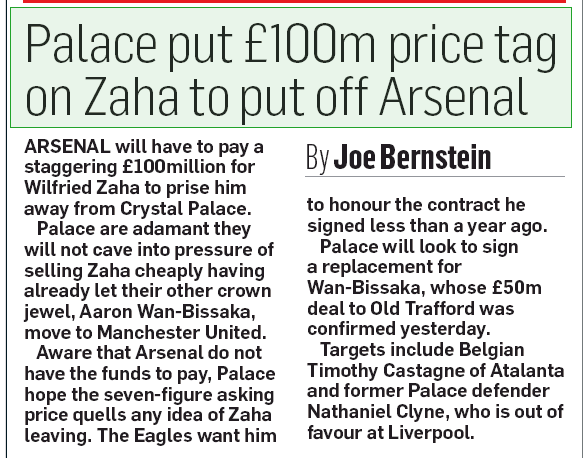 Crystal Palace increase Zaha price to £100m to stop Arsenal 3 190630 mail on sunday zaha 100m