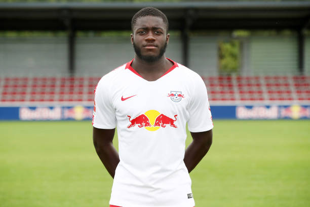 LEIPZIG, GERMANY - JULY 21: Dayot Upamecano of RB Leipzig poses during the team presentation at RBL-Fussball-Akademie on July 21, 2018 in Leipzig, ...