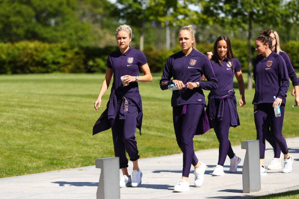 Analysing the England World Cup squad 13 BURTON-UPON-TRENT, ENGLAND - MAY 23: Steph Houghton of England and Ellie Roebuck of England arrive for a training session at St Georges Park on May 23, 2019 in Burton-upon-Trent, England. (Photo by Matthew Lewis/Getty Images)