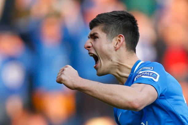 Genk's Ruslan Malinovskyi celebrates after scoring during a soccer match between RC Genk and Club Brugge, Sunday 14 April 2019 in Genk, on day 4 (o...
