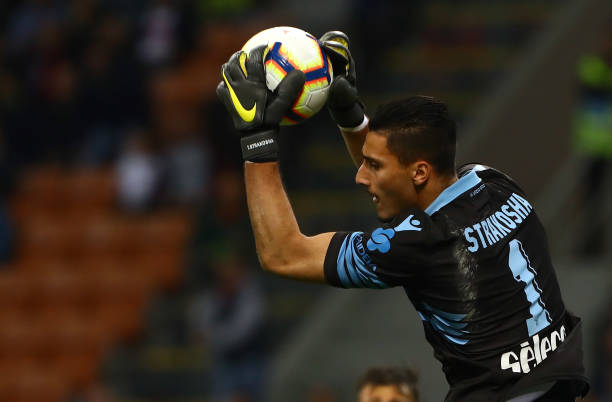 MILAN, ITALY - APRIL 24: Thomas Strakosha of SS Lazio makes a save during the TIM Cup match between AC Milan and SS Lazio at Stadio Giuseppe Meazza...