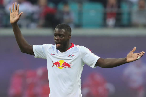 LEIPZIG, GERMANY - NOVEMBER 11: Dayot Upamecano of Leipzig reacts during the Bundesliga match between RB Leipzig and Bayer 04 Leverkusen at Red Bul...