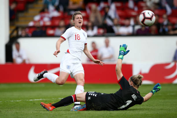 WALSALL, ENGLAND - MAY 25: Ellen White of England shoots on goal during the International Friendly between England Women and Denmark Women at Bank's Stadium on May 25, 2019 in Walsall, England. (Photo by Jan Kruger/Getty Images)