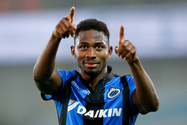 Club's Emmanuel Bonaventure Dennis celebrates after scoring during a soccer match between Club Brugge KV and Standard de Liege, Monday 08 April 201...