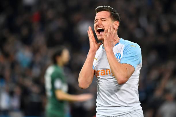 Marseille's French forward Florian Thauvin reacts after missing a goal opportunity during the French L1 football match between Olympique de Marseil...
