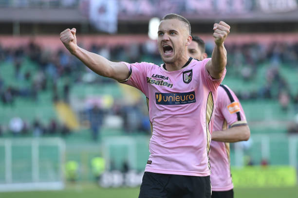 PALERMO, ITALY - MARCH 17: George Puscas of Palermo celebrates after scoring his team third goal during the Serie B match between US Citta di Paler...