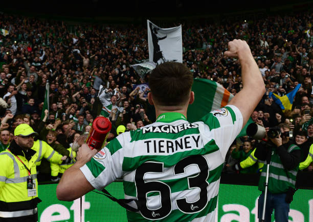 GLASGOW, SCOTLAND - MAY 19: Kieran Tierney of Celtic celebrate with the Celtic fans during the Ladbrokes Scottish Premiership match between Celtic ...