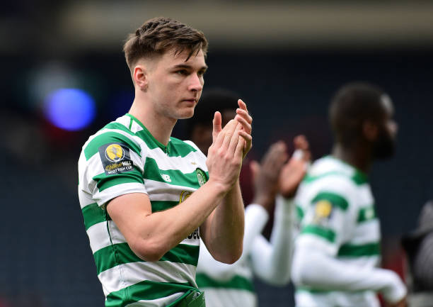 GLASGOW, SCOTLAND - APRIL 14: Kieran Tierney of Celtic applauds the fans at the final whistle during the Scottish Cup Semi Final between Aberdeen a...