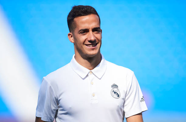 SAN SEBASTIAN, SPAIN - MAY 12: Lucas Vazquez of Real Madrid CF looks on prior to the start the La Liga match between Real Sociedad and Real Madrid ...