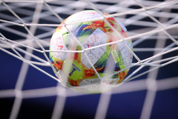 LE HAVRE, FRANCE - JUNE 08: The official adidas match ball is seen on the net of the goal prior to the 2019 FIFA Women's World Cup France group B m...