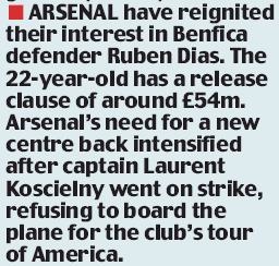 Arsenal reignite interest for €54m Ruben Dias despite having no money 3 190713 daily mail arsenal ruben dias