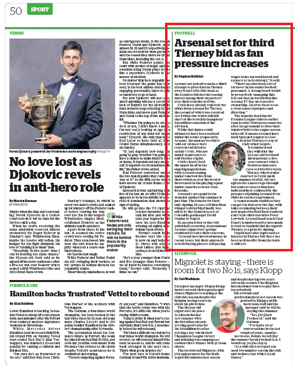 190716 i newspaper kieran tierney 3rd bid