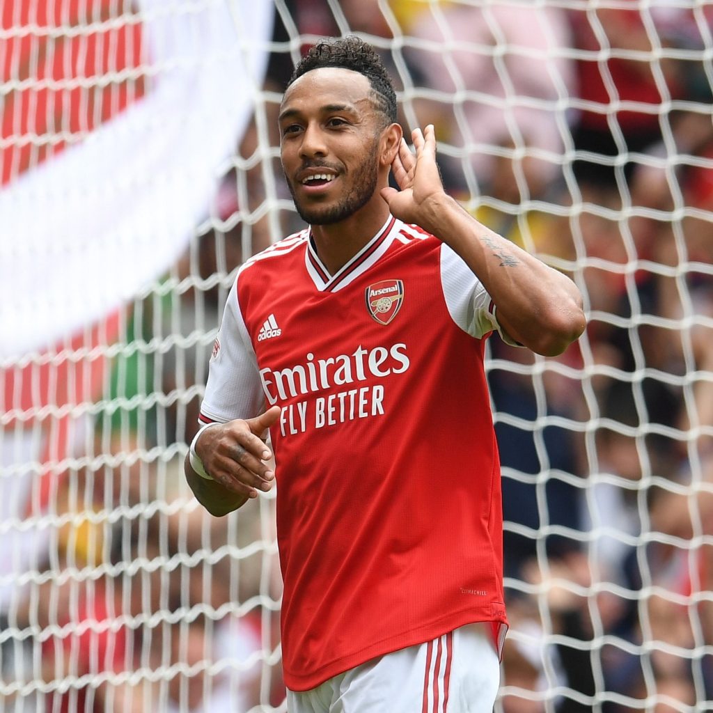 Pierre-Emerick Aubameyang celebrates scoring Arsenal’s first goal against Olympique Lyonnais in pre-season (Photo via Twitter / Arsenal)