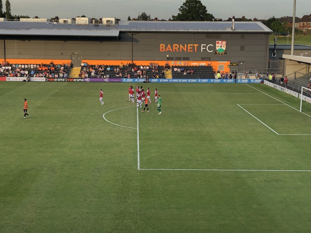The Arsenal players celebrate Folarin Balogun’s first goal against Barnet in pre-season