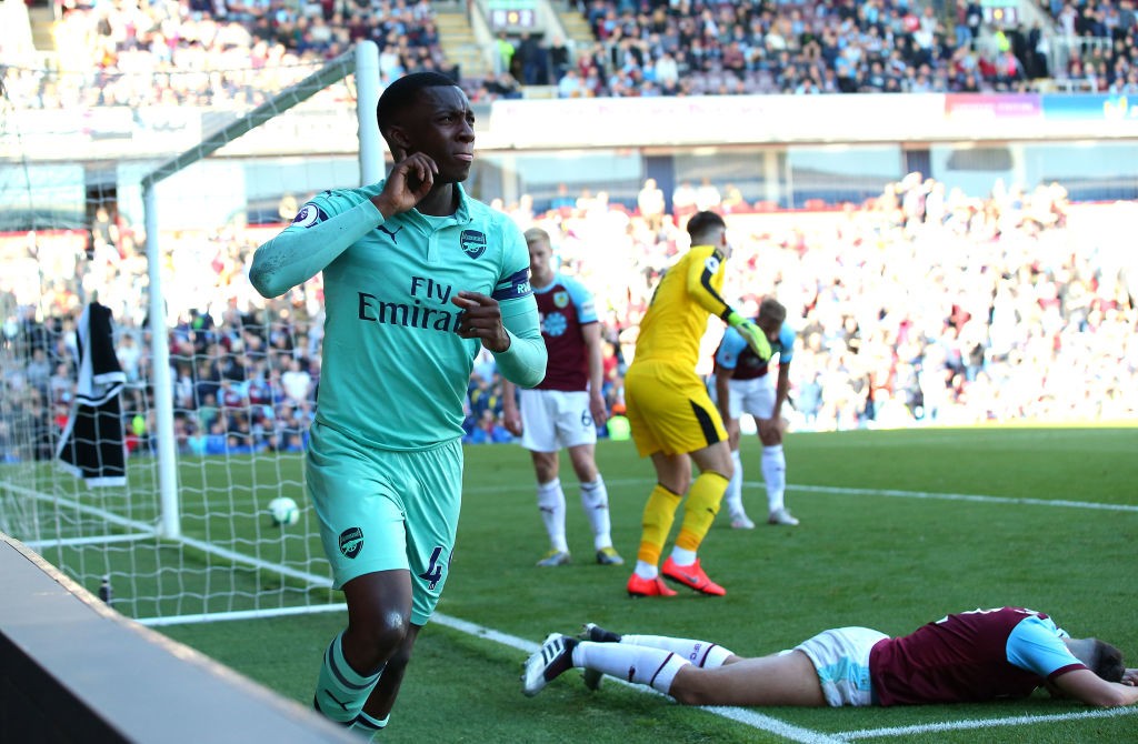 BURNLEY, ENGLAND - MAY 12: Eddie Nketiah of Arsenal celebrates after scoring his goal during the Premier League match between Burnley FC and Arsena...