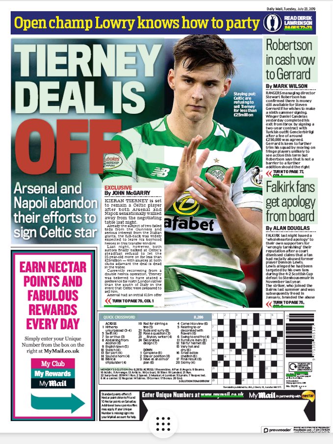 Report: Tierney set to stay with Celtic after Arsenal abandon the deal 3 Daily Mail / Tuesday 23rd July 2019