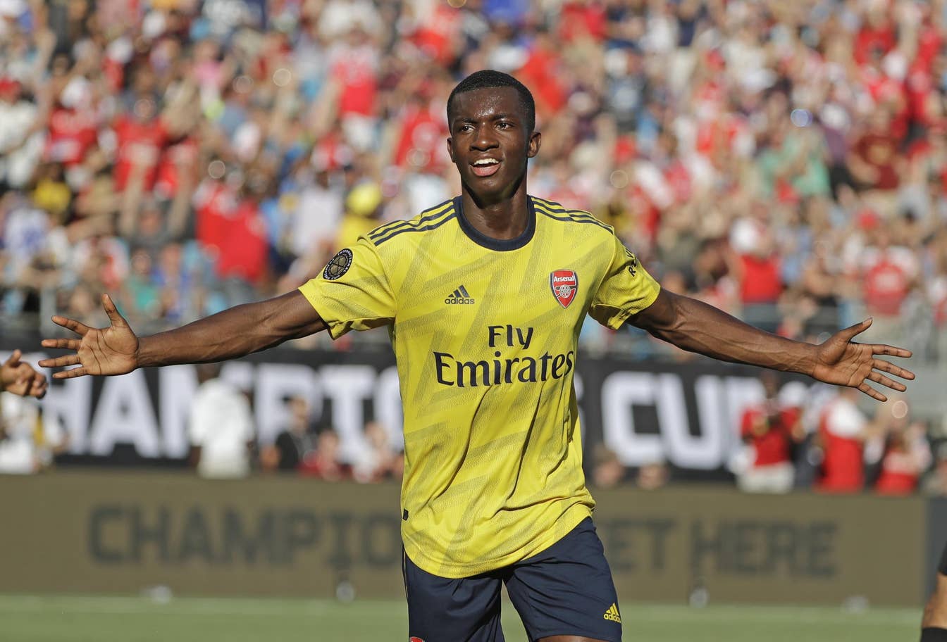 Dozens of clubs want Eddie Nketiah including Leeds United 2 Eddie Nketiah after scoring against Fiorentina in pre-season (Photo via AP)