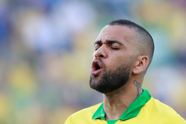 RIO DE JANEIRO, BRAZIL - JULY 07: Dani Alves of Brazil sings the national anthem prior to the Copa America Brazil 2019 Final match between Brazil a...