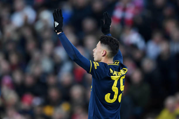 LIVERPOOL, ENGLAND - OCTOBER 30: Gabriel Martinelli of Arsenal celebrates after scoring his team's third goal during the Carabao Cup Round of 16 match between Liverpool and Arsenal at Anfield on October 30, 2019 in Liverpool, England. (Photo by Laurence Griffiths/Getty Images)